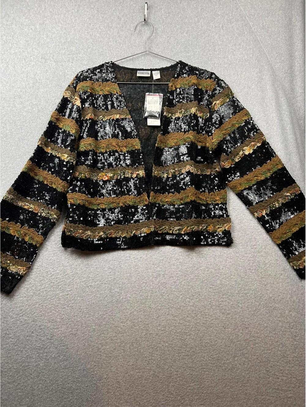 Chicos Womens Sequin Blazer Size 1/ M Open Front Black Evening Cocktail wedding